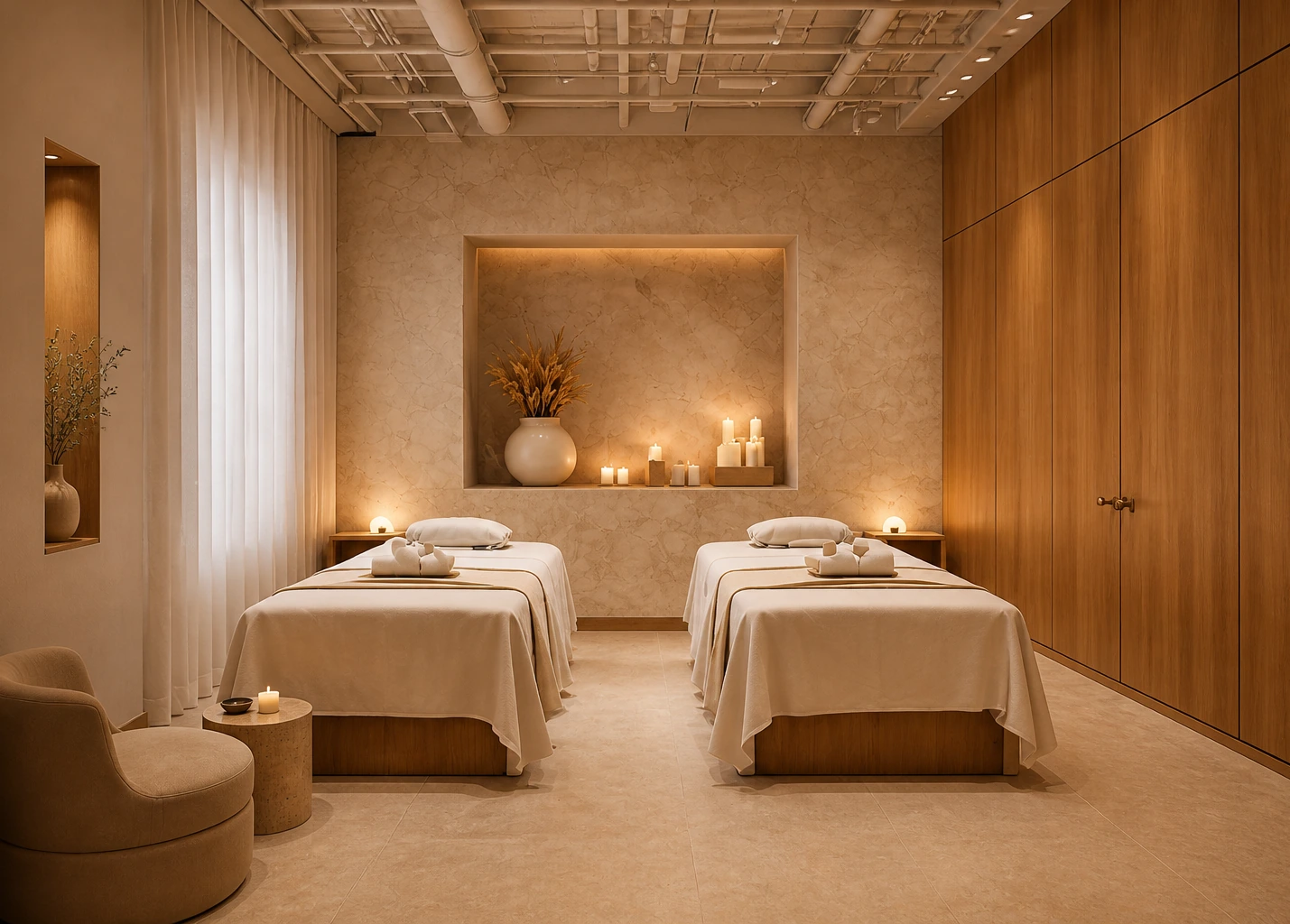 Two treatment beds in a warmly lit LYV massage room with candles and plaster walls