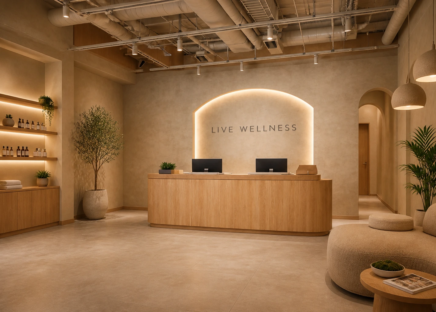 The LYV reception desk beneath a backlit 'Live Wellness' archway