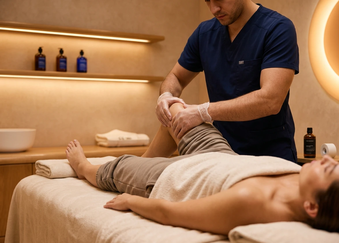 A massage therapist working along a patient's knee during a treatment session