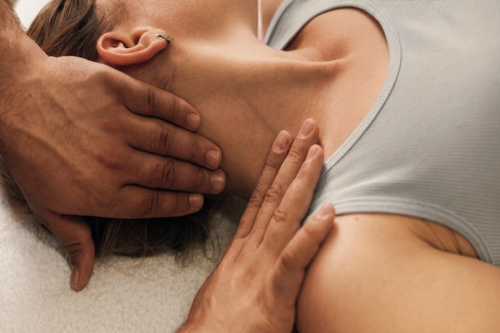 A chiropractor treating a patient's neck and shoulder on a treatment table