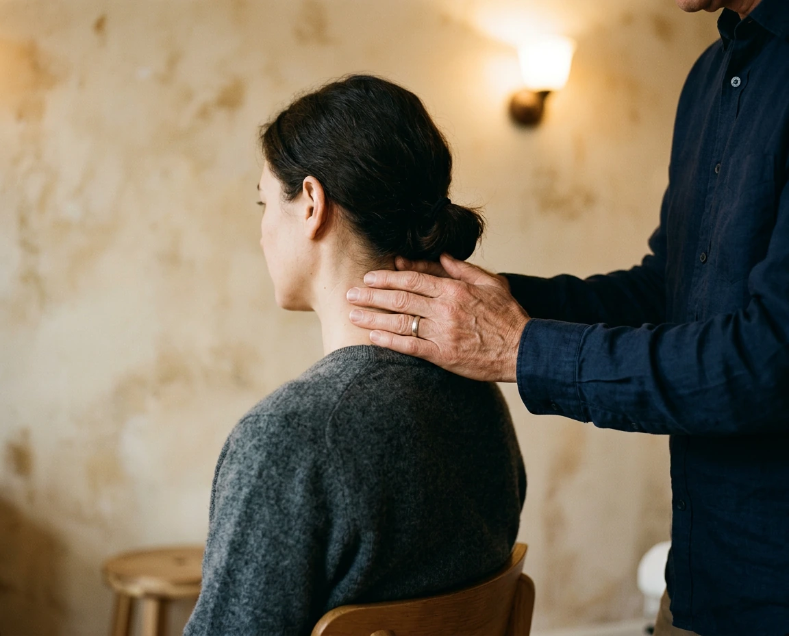 A chiropractor assessing a patient's posture and spinal alignment
