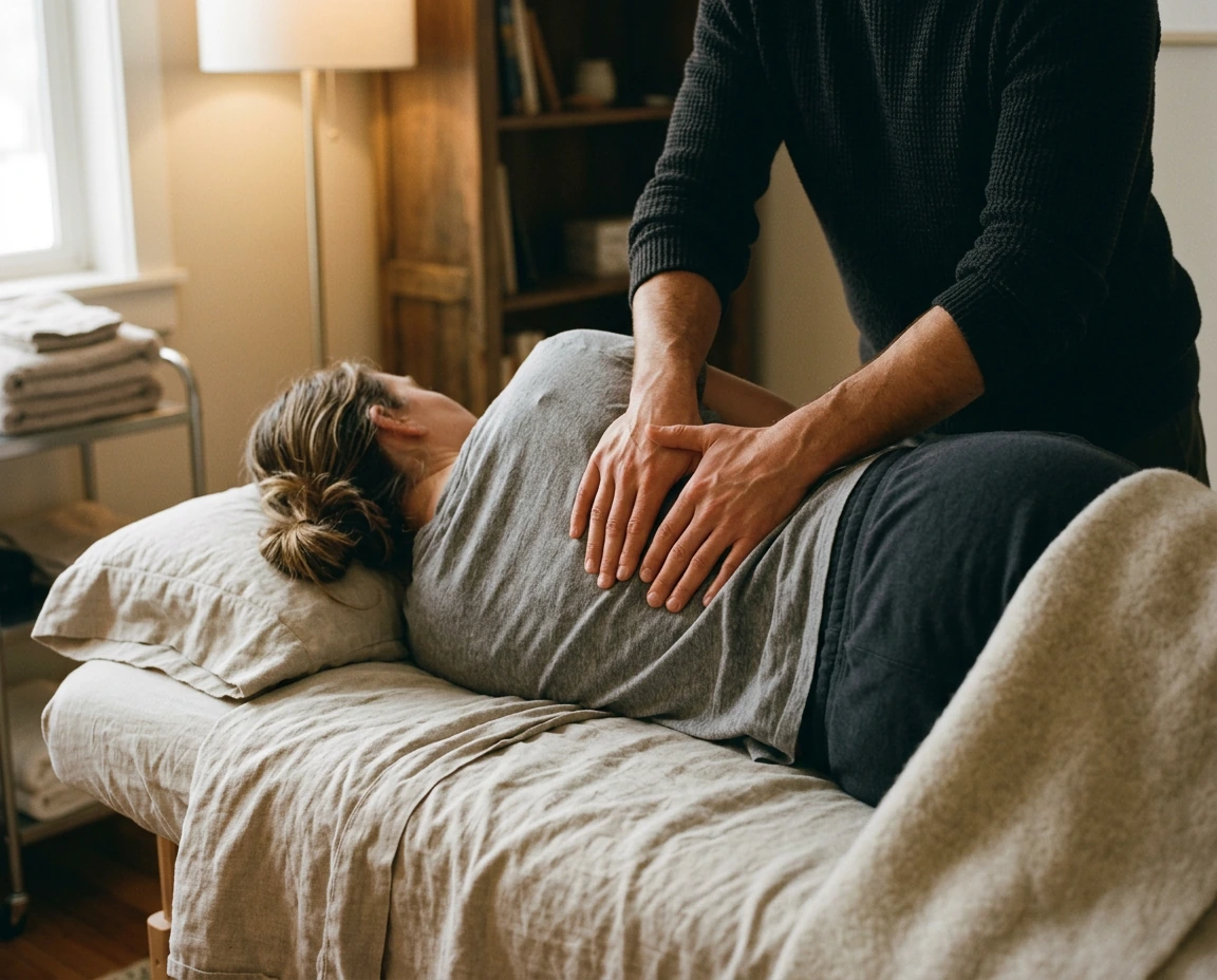 A chiropractor performing a controlled adjustment on a patient