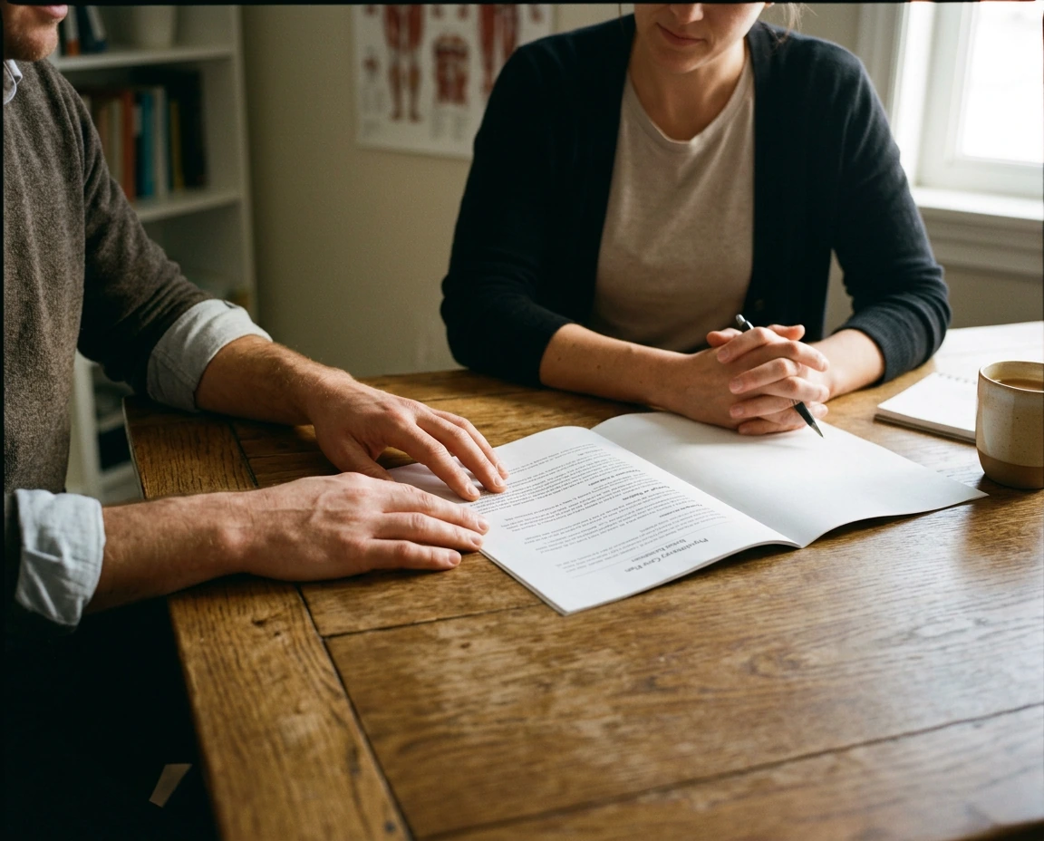 A chiropractor reviewing a written care plan with a patient