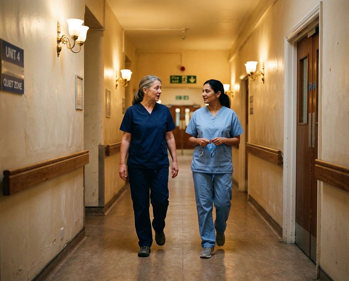 Two LYV practitioners walking through the clinic corridor