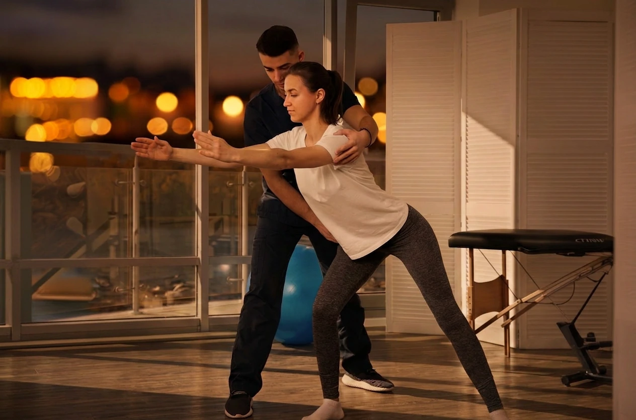 A kinesiologist guiding a client through a standing balance and reach movement in the studio