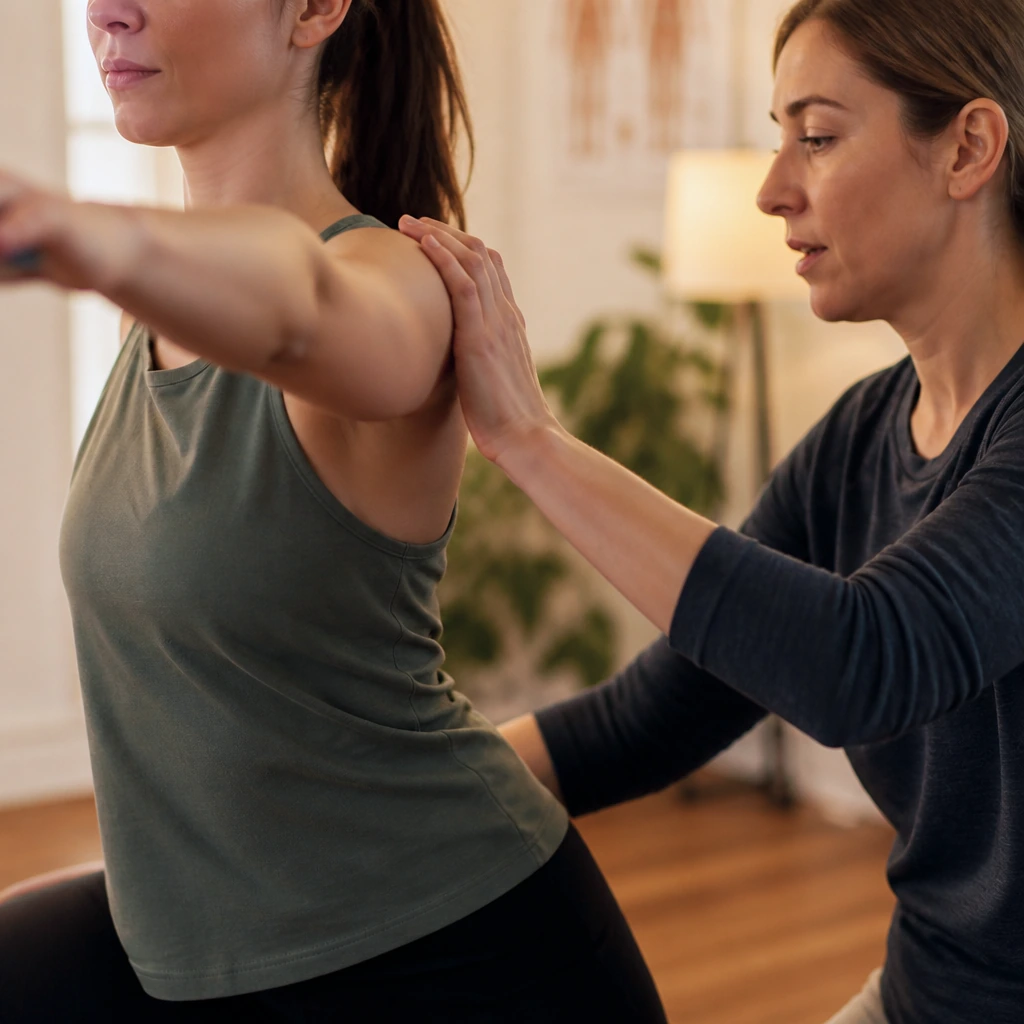 A kinesiologist correcting a client's arm and shoulder position during a training session