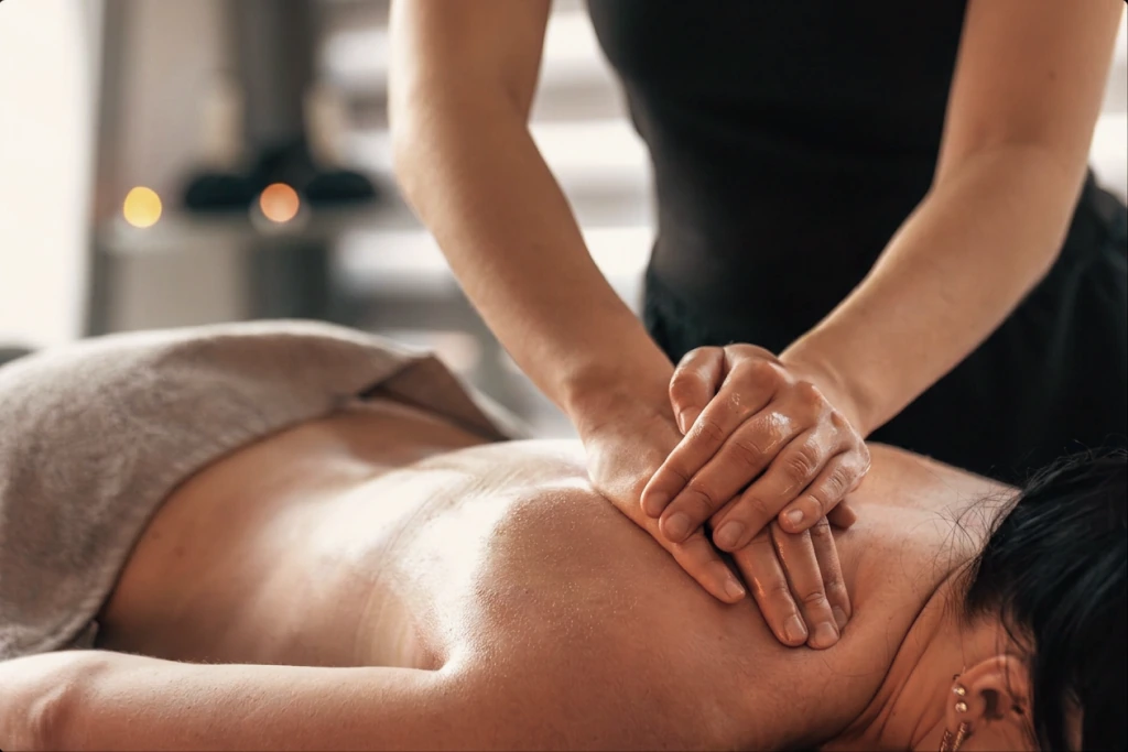 A massage therapist's hands pressing into a client's upper back during a session