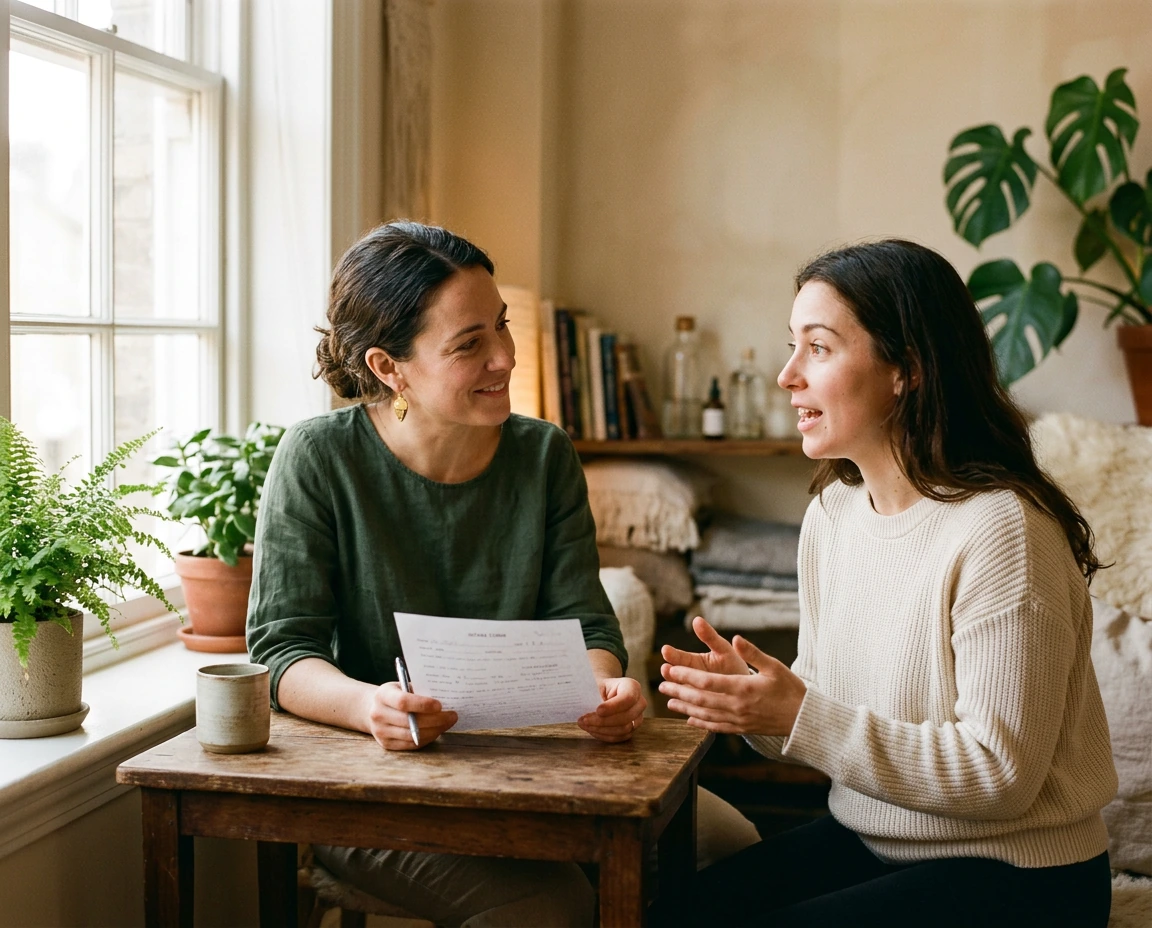 A massage therapist speaking with a client across a table during intake