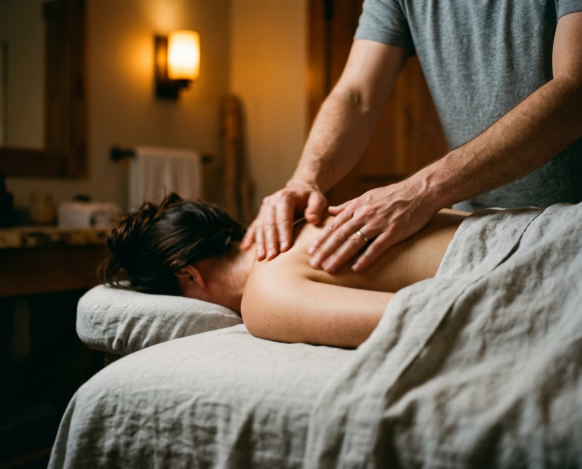 A massage therapist working along a client's back during a treatment session
