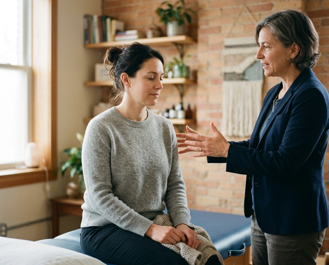 A massage therapist giving a client guidance after a session