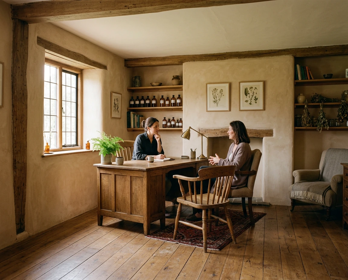 A naturopathic doctor and patient talking across a kitchen island during an intake