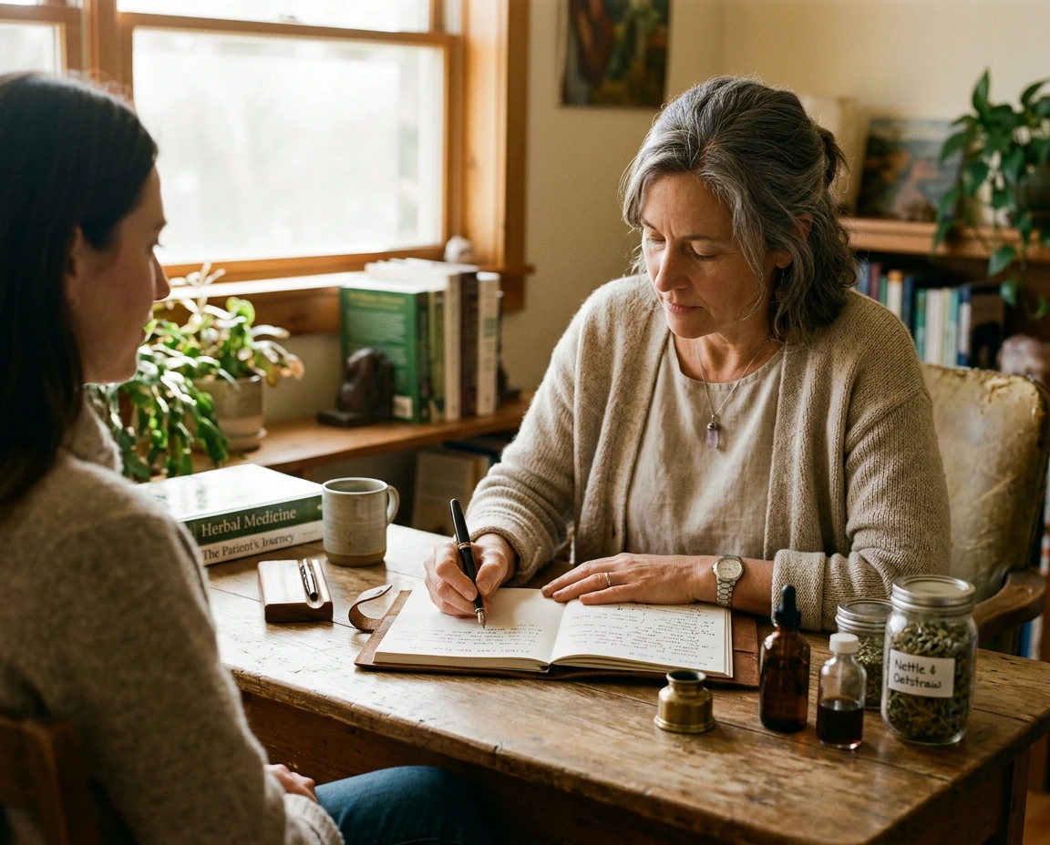 A naturopathic doctor writing a care protocol at a table set with supplement bottles