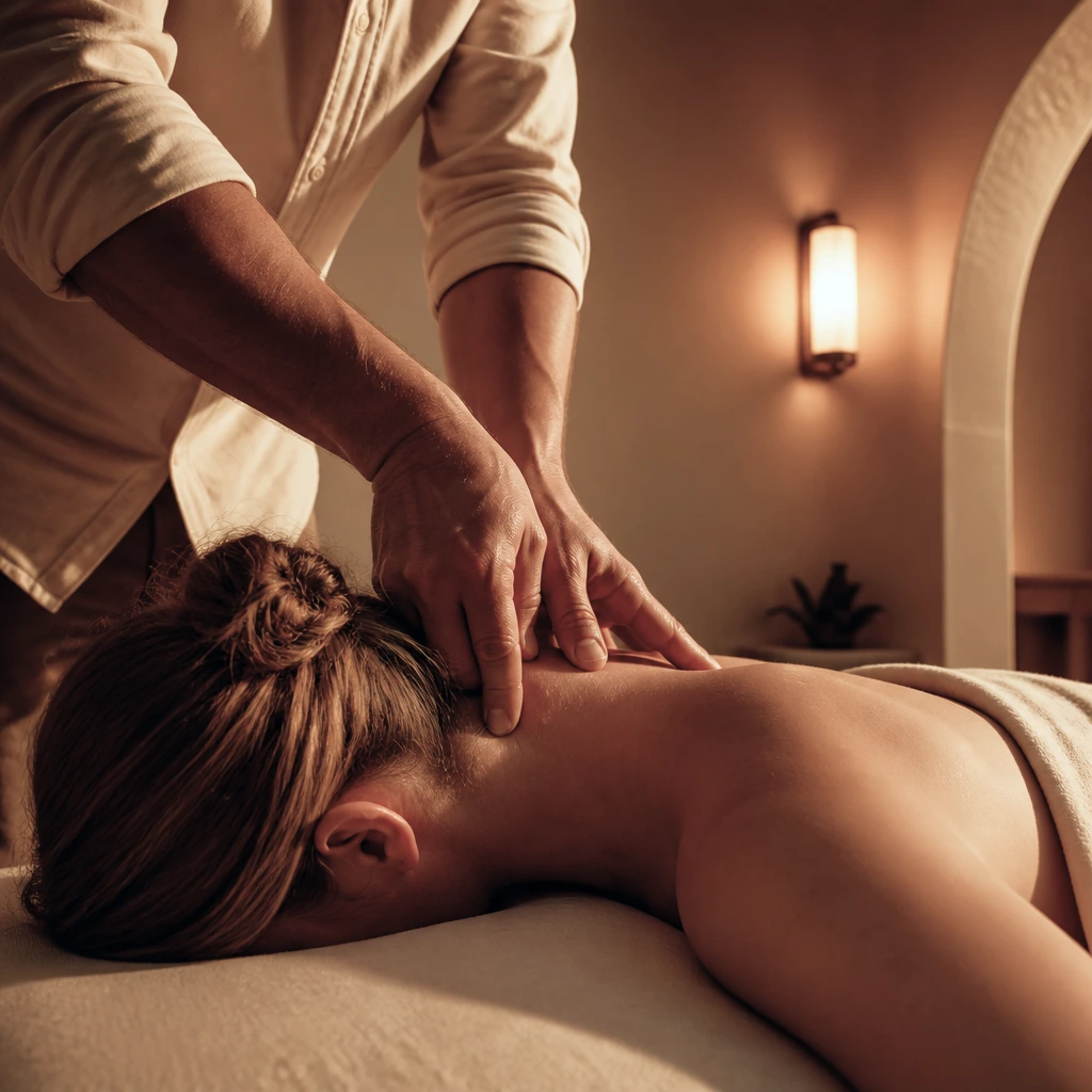 A chiropractor performing a gentle neck adjustment in a candlelit room