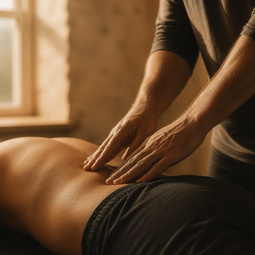 A physiotherapist's hands working along a patient's lower back