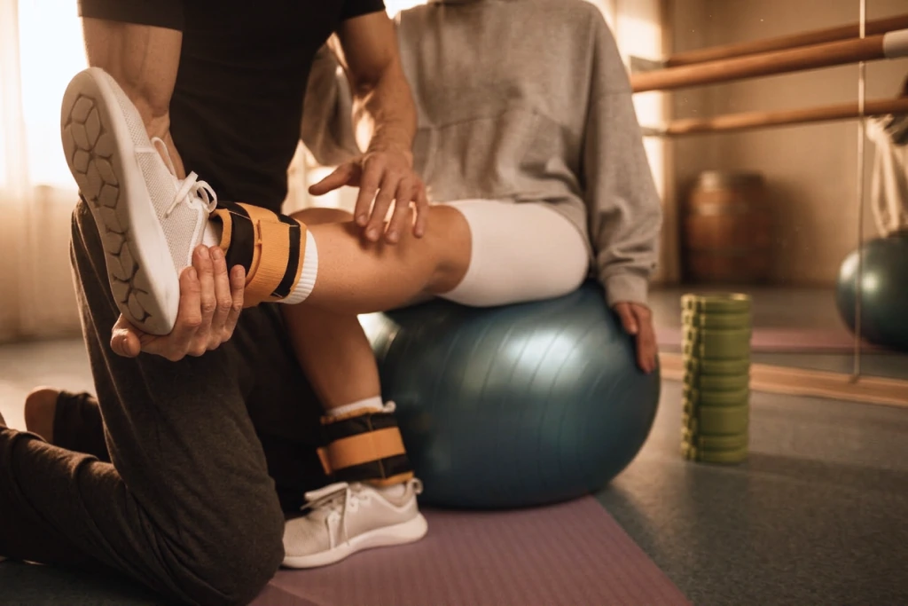 A physiotherapist supporting a patient's leg during an exercise-ball session