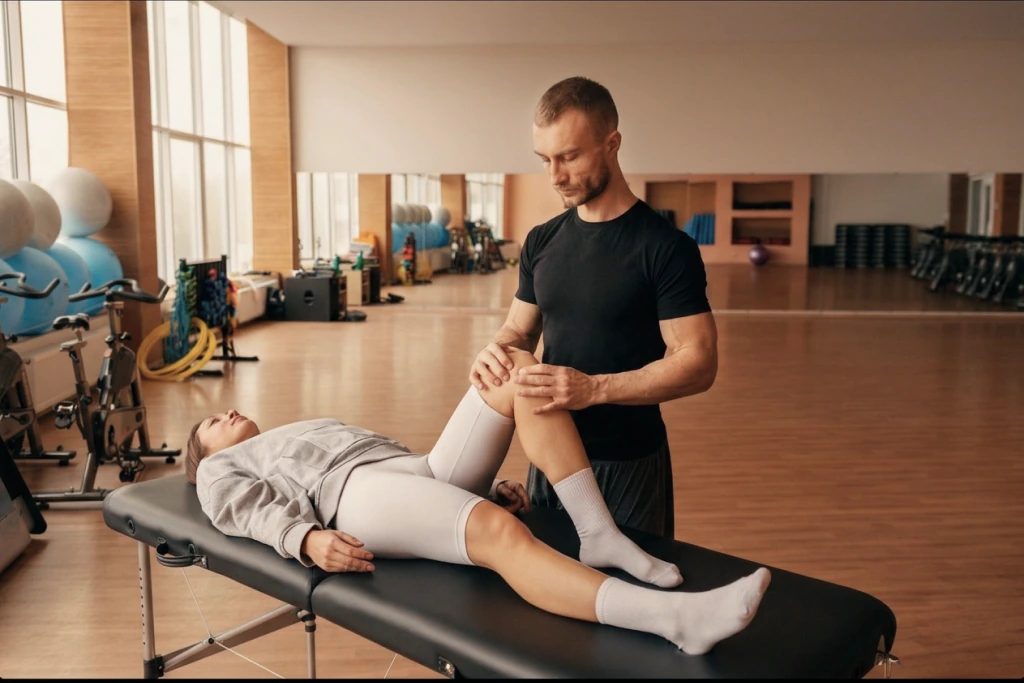 A physiotherapist assessing a patient's knee movement on a treatment table