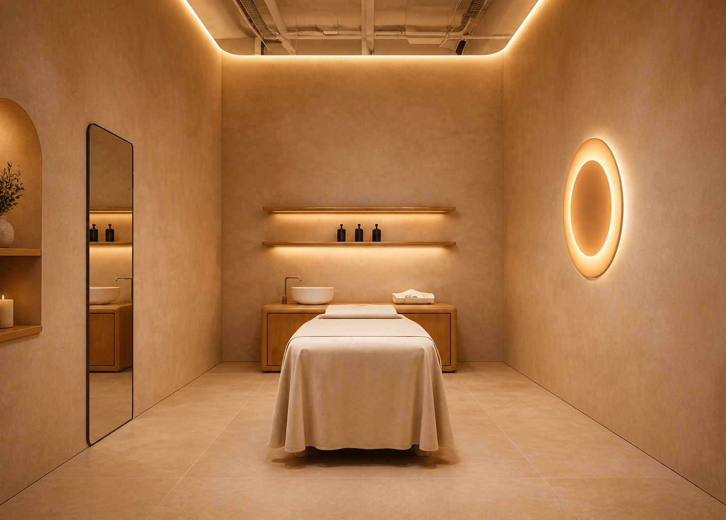 A treatment bed dressed in linen beneath a backlit circular wall sconce in a warmly lit LYV treatment room