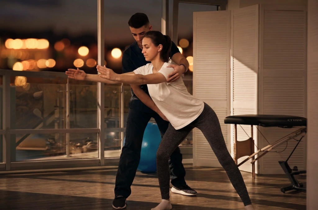 A kinesiologist coaching a client through a standing movement exercise